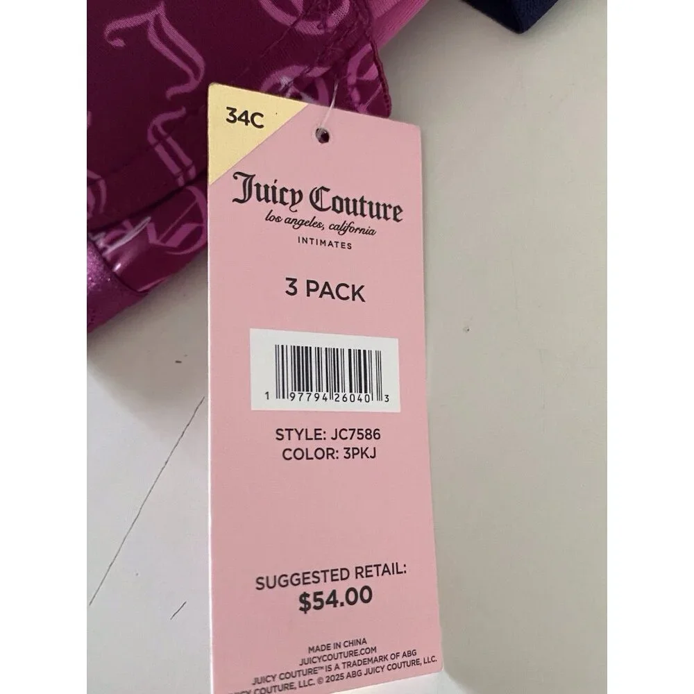 3 Pack Juicy Couture Sexy Push Up Bra Size 34C Juicy Logo Wine Pink Navy‎ NEW